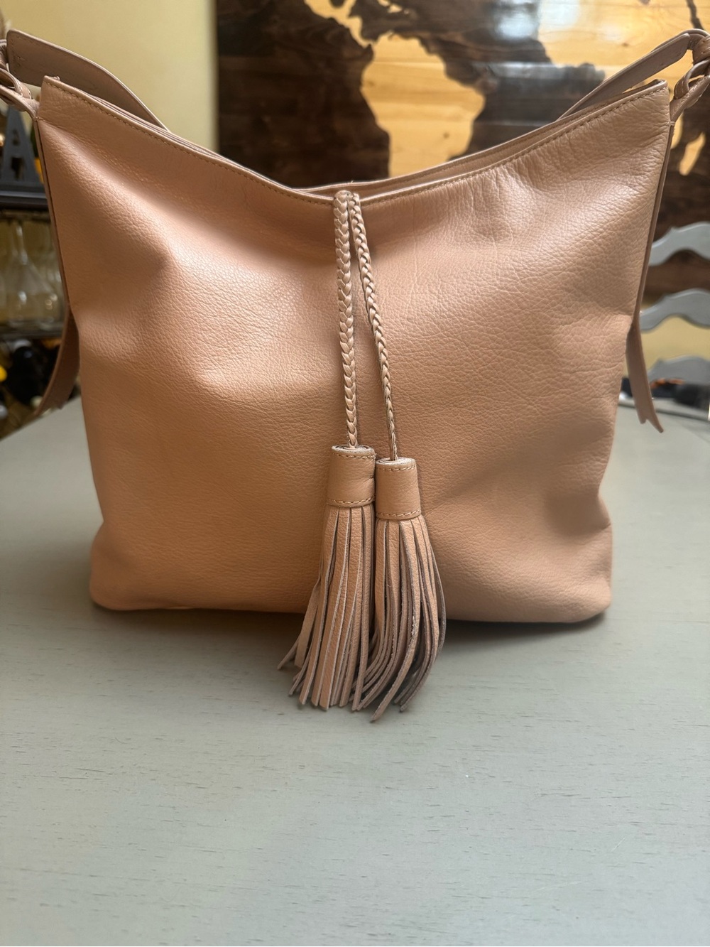 Margot New York Pebbled Leather Tassel Hobo Bag - Dusty Pink EUC